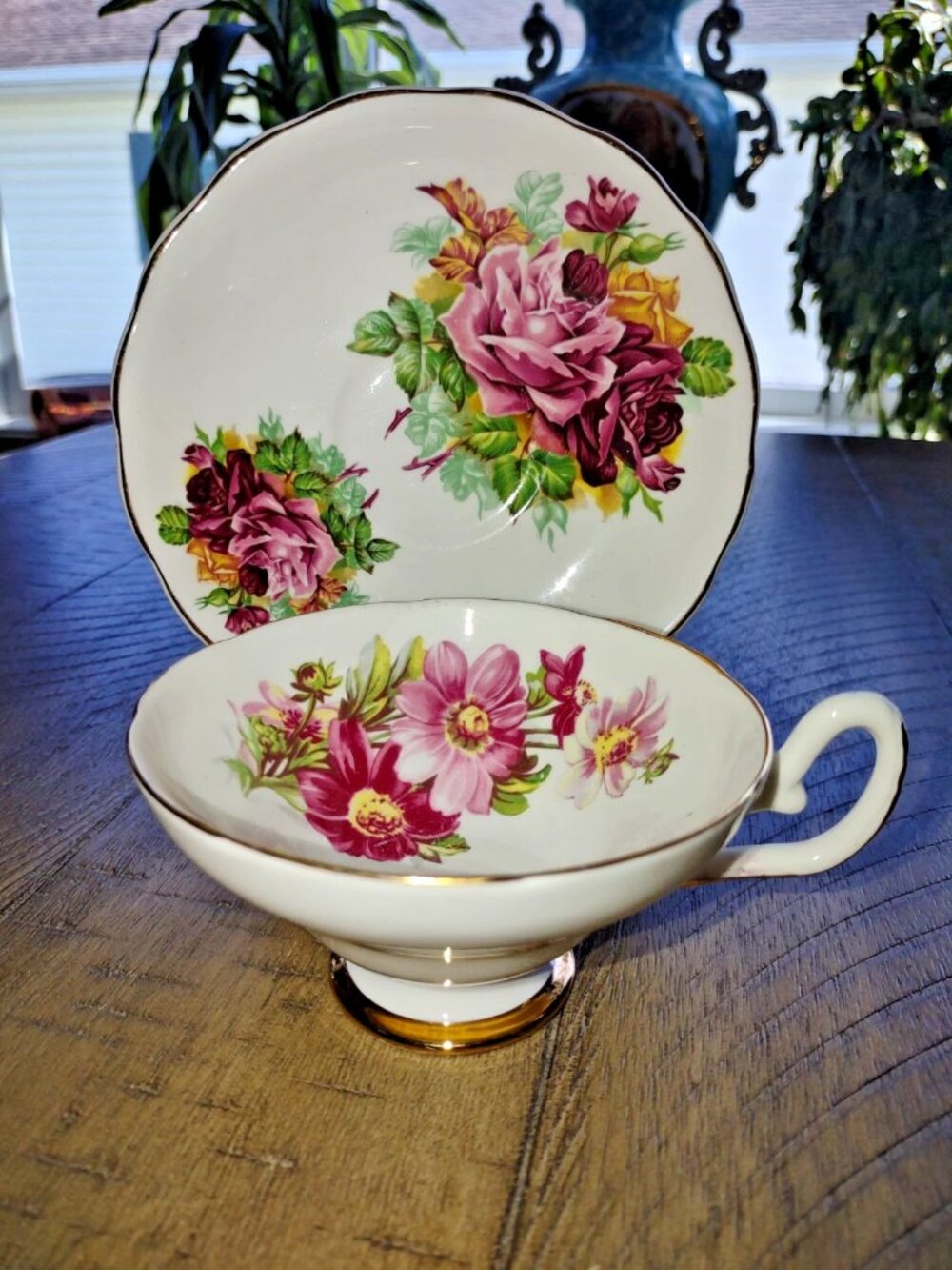 Vintage Crownford Teacup & Saucer Pink-Yellow Flowers + Gilt Scalloped Edges